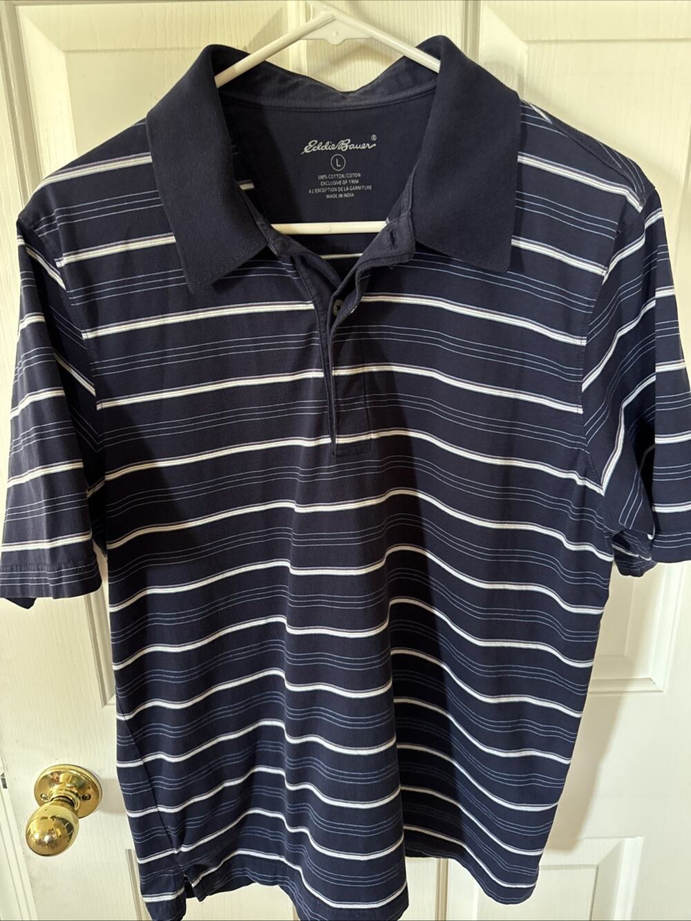 Eddie Bauer Striped Navy Blue Mens Short Sleeve Polo Shirt 100% Cotton Sz Large